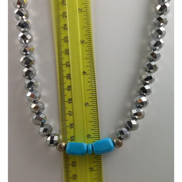 Handmade Grey Silver AB Turquoise Pendant Glass Crystal Beaded Necklace Vintage - Picture 4 of 10